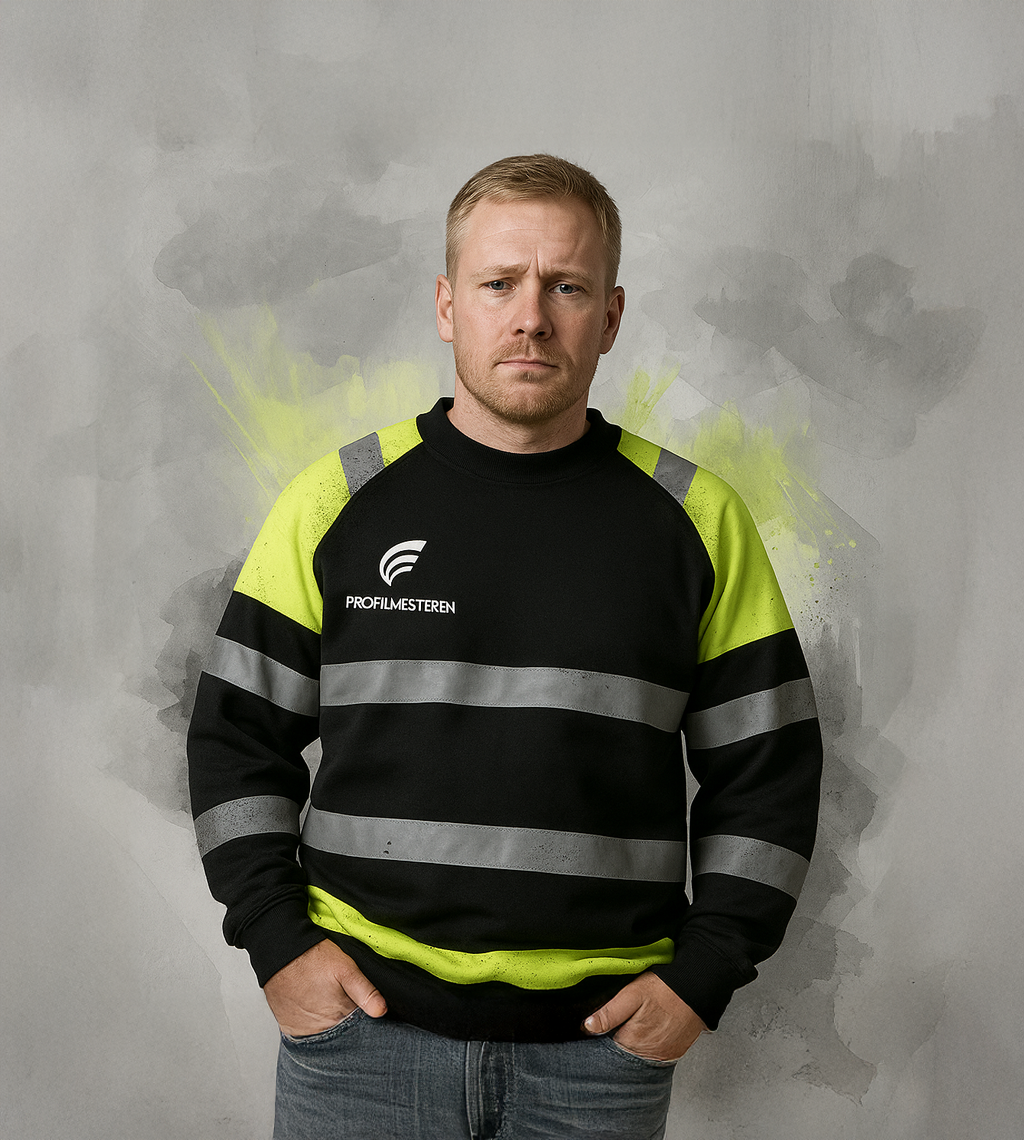 Profilmesteren arbeidsklær med høysynlighets reflekser og firmalogo